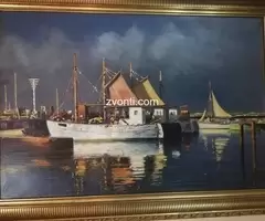 Obraz olej na płótnie lata 60 XX w. malarz Arup Jensen sygn. duży 120 x 80 cm marynistyka - Zdjęcie 1/8